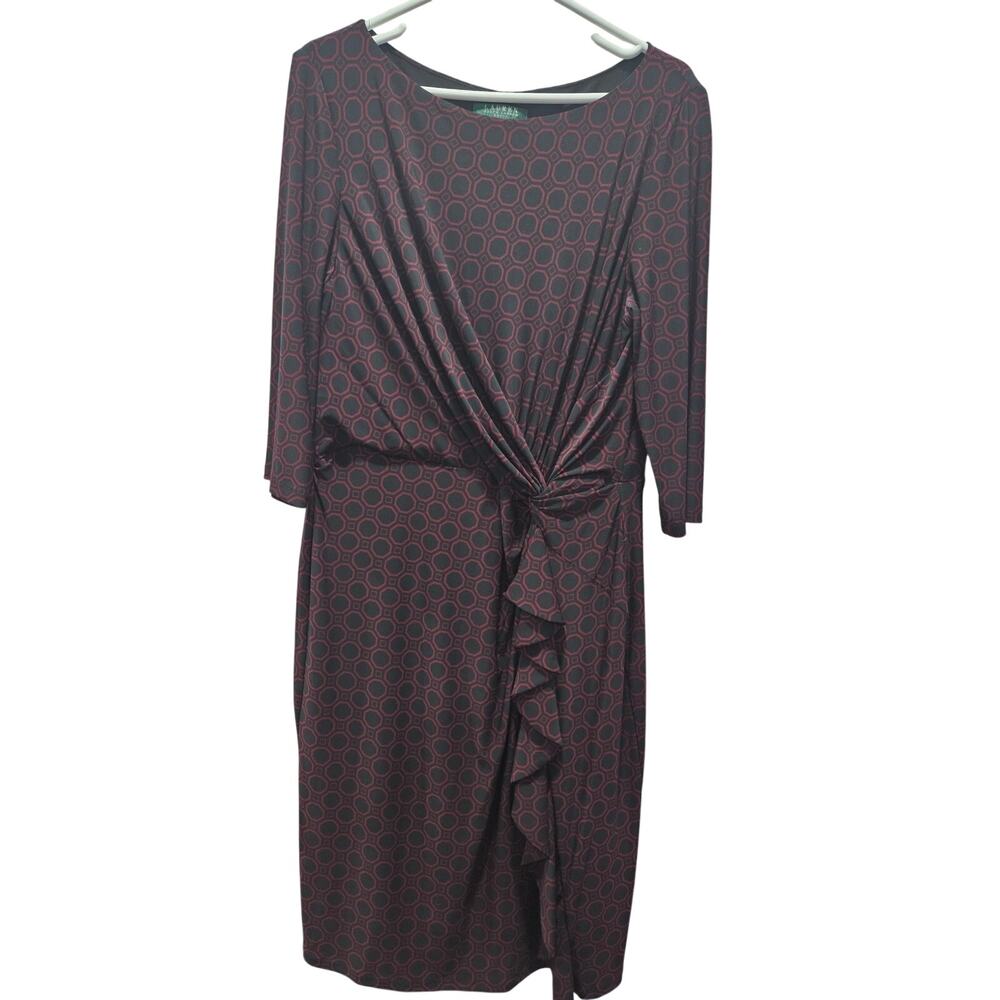Lauren Ralph Lauren Ruched Ruffle Faux Wrap Dress 16 Black Red Career